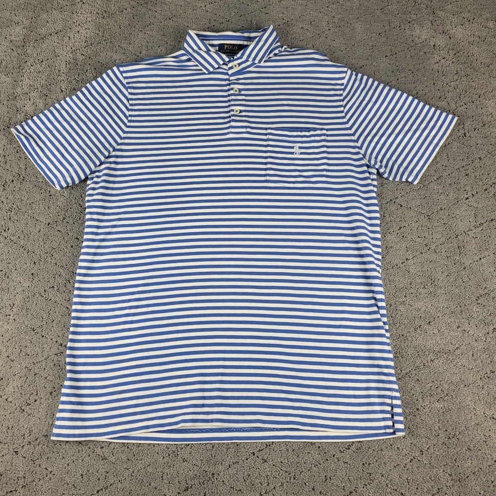 Polo Ralph‎ Lauren Shirt Mens M Blue Striped Short Sleeve Collared Pocket Preppy